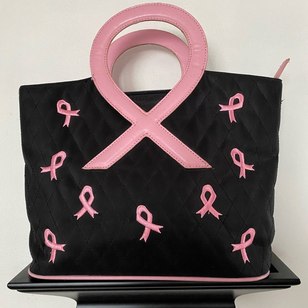 Pink Ribbon Quilted Tote Bag - Black and Pink 13 inches wide by 9 inches high